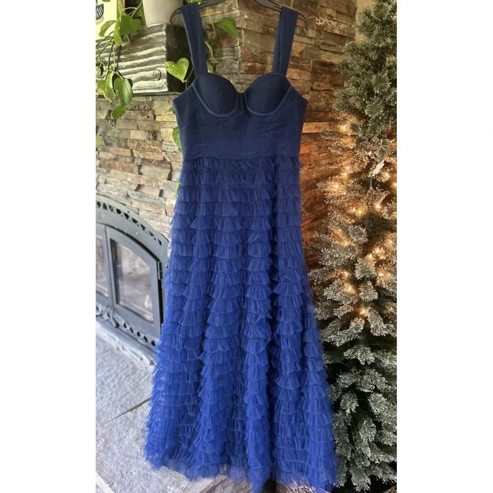 Zac Posen $795 Tiered Ruffle Midnight Navy Gown Dress 14 NWT - Picture 8 of 12